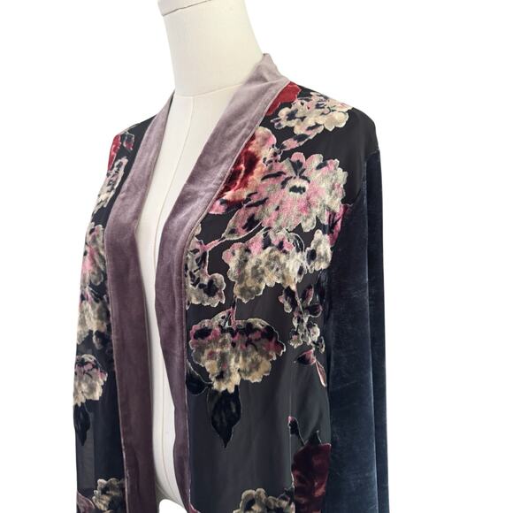 Mystree Large Floral Velvet Dark Gray Blue Kimono Ruana Wrap Open Cardigan - Picture 3 of 8